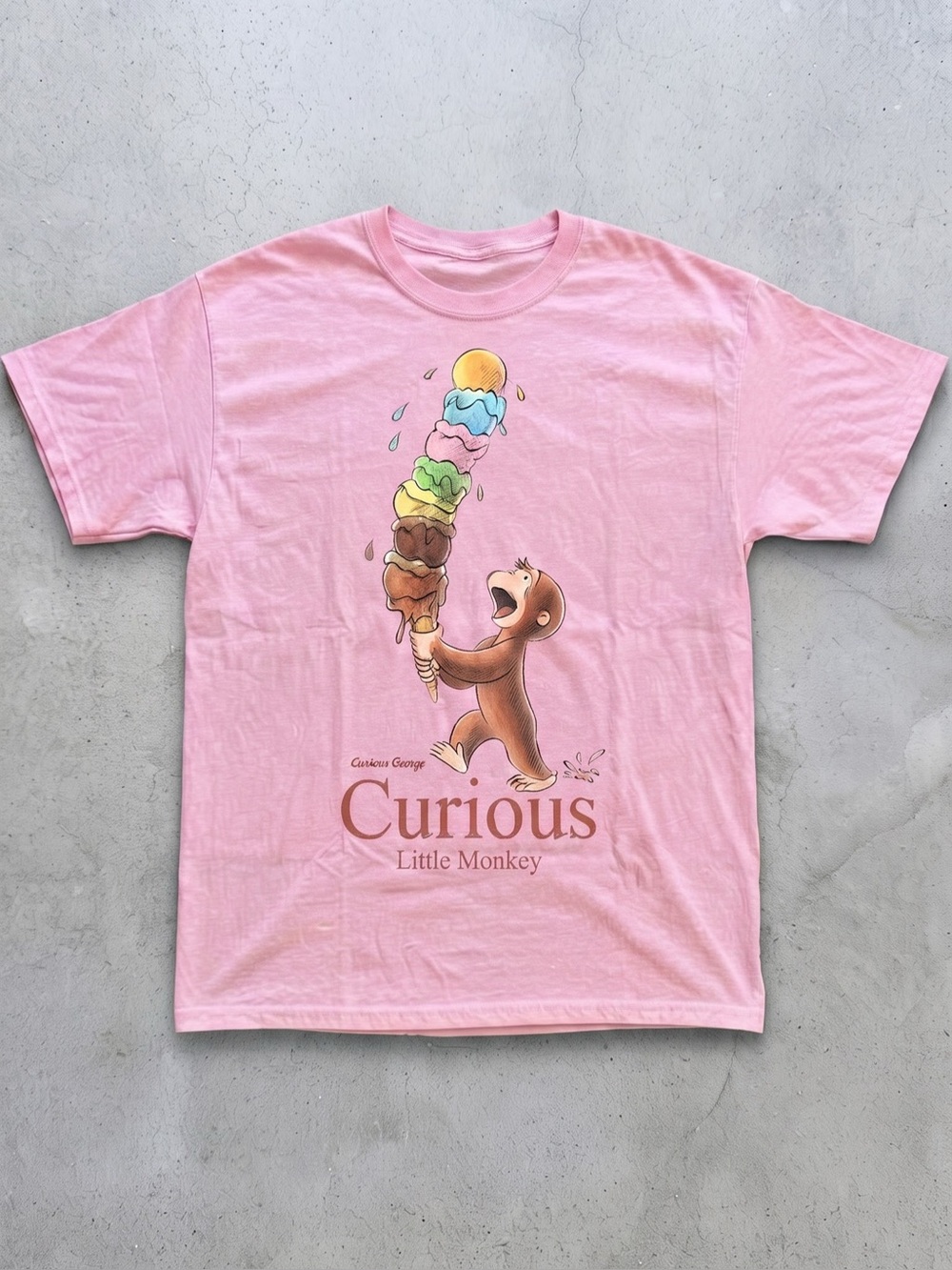 Curious Little Monkey Ice Cream Pink Graphic Tee - Gildan Cotton Shirt
